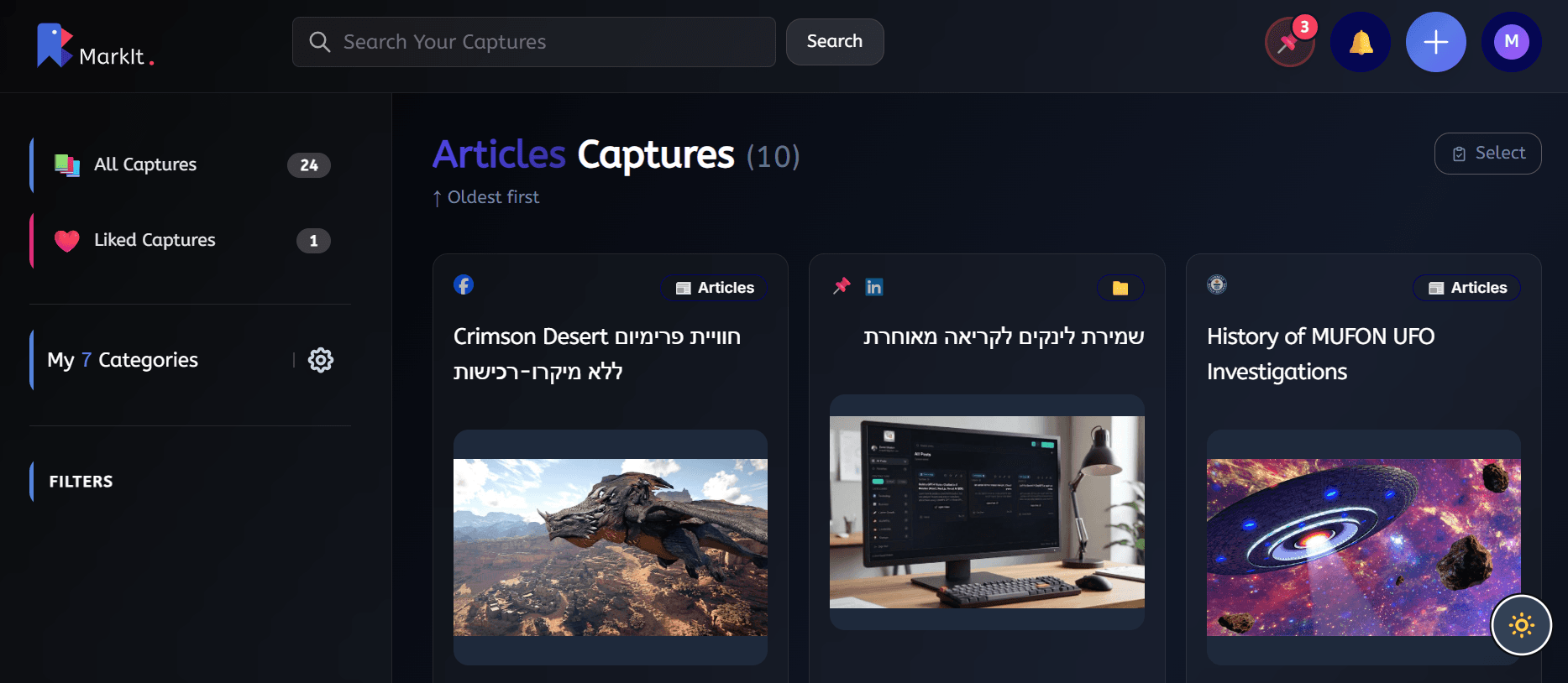 MarkIt desktop dashboard in dark mode showing organized captures